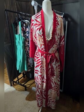 NEW Oscar De La Renta Womens Red Floral Long Sleeve Front Tie Kimono Robe